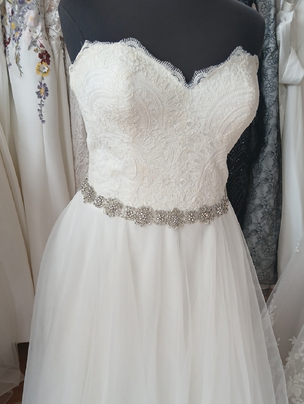 Strapless Lace Bodice Tulle Ballgown Wedding Dress with Beaded Waist - Picture 2 of 7
